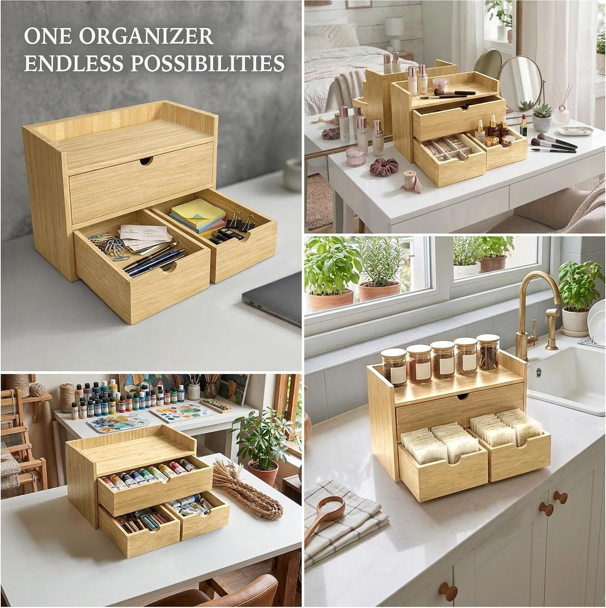 Bamboo Desk Organizer with 3 Drawers, Wood Storage Box for Office Supplies