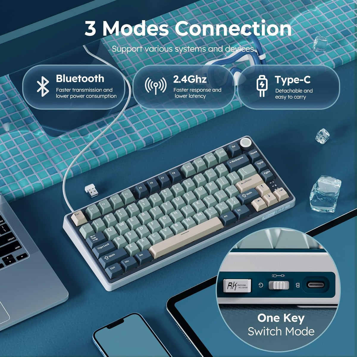 RK ROYAL KLUDGE R75 Wireless Mechanical Keyboard, 75% Percent Custom Gaming K...