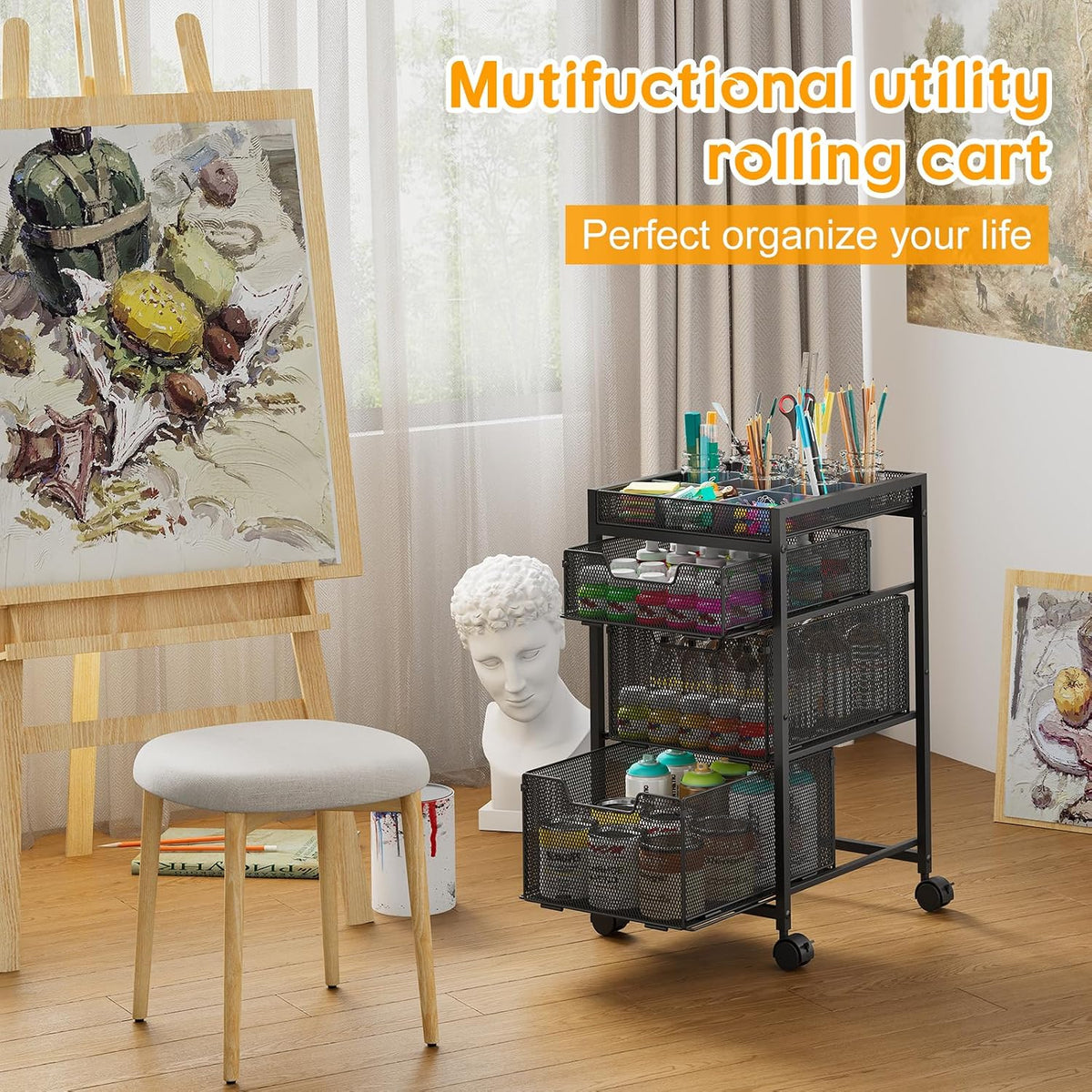Rolling Utility Cart with 3 Drawers, Craft Organizer and Storage with DIY Div...