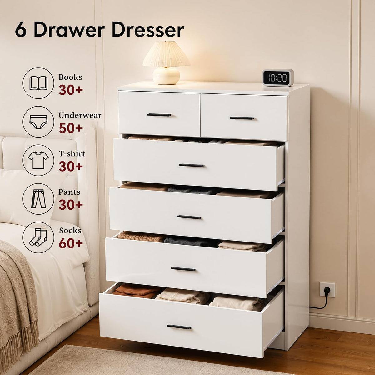 GEPELCN Tall Dresser for Bedroom Wooden 6 Drawer Dresser with Power Outlet Ch...
