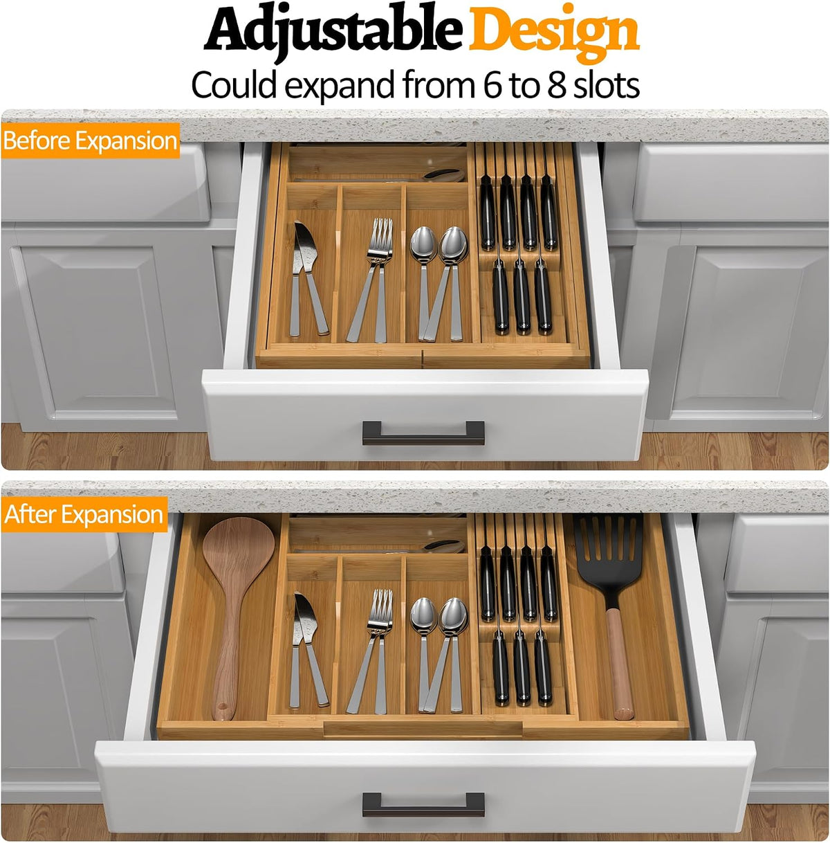 Bamboo Silverware Drawer Organizer, 6-8 Slots Kitchen Drawer Tray
