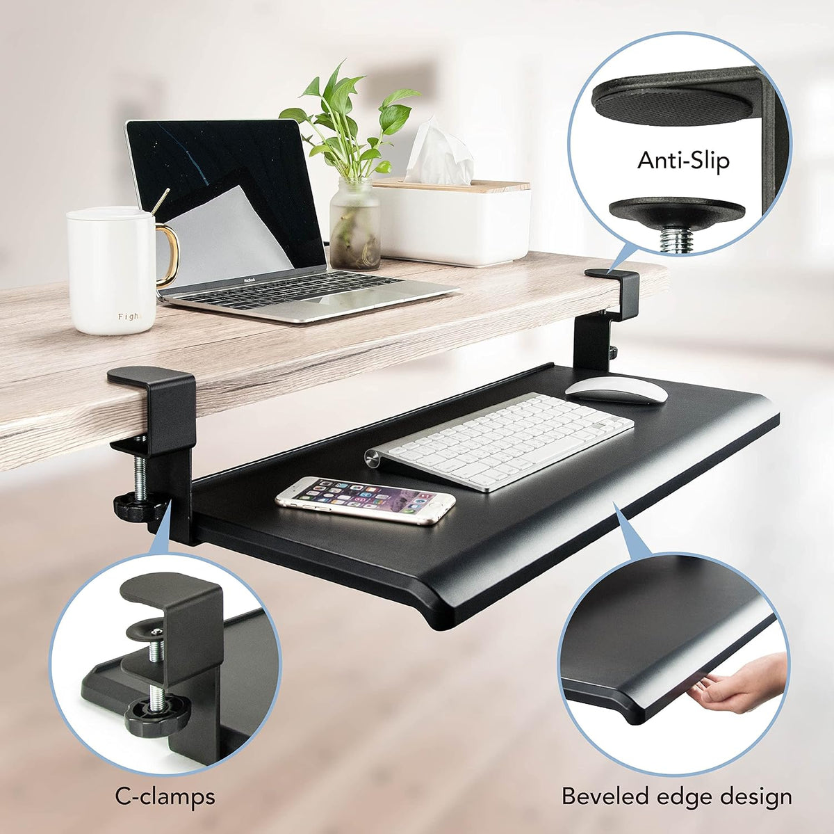 EHO Under Desk Keyboard Tray, Large 27.5" x 12.2" Slide-Out Clamp-O...