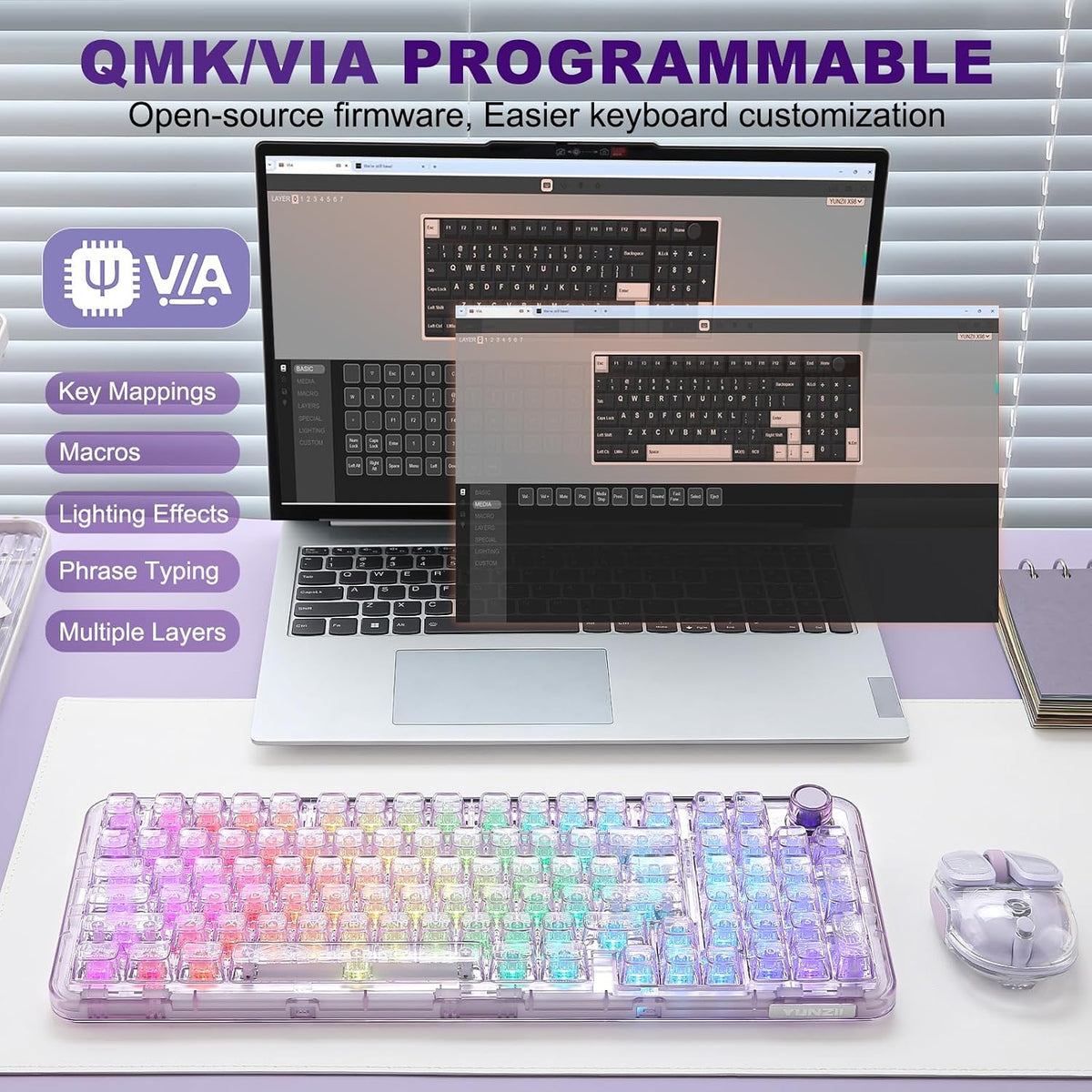 YUNZII X98 Wireless Mechanical Keyboard with Knob (Purple, Crystal Switch)