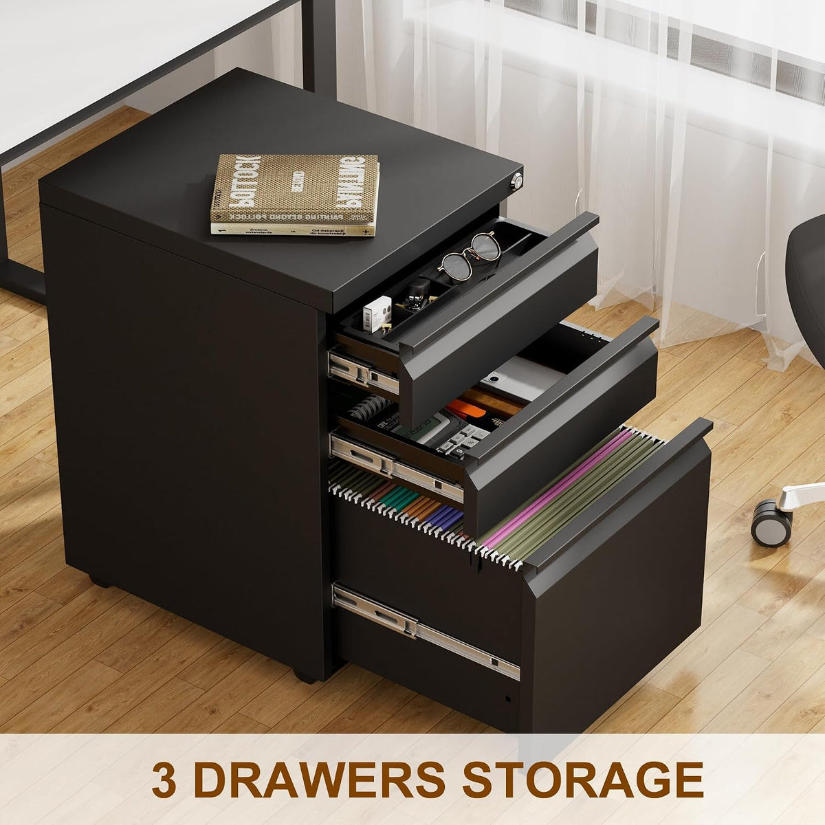 3 Drawer Metal Mobile File Cabinet with Lock and 4 Keys