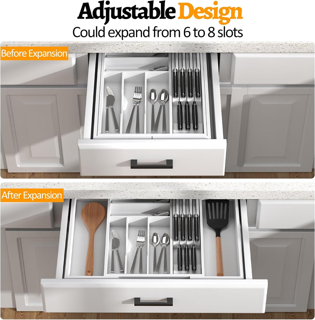 Bamboo Silverware Drawer Organizer, 6-8 Slots Kitchen Drawer Tray