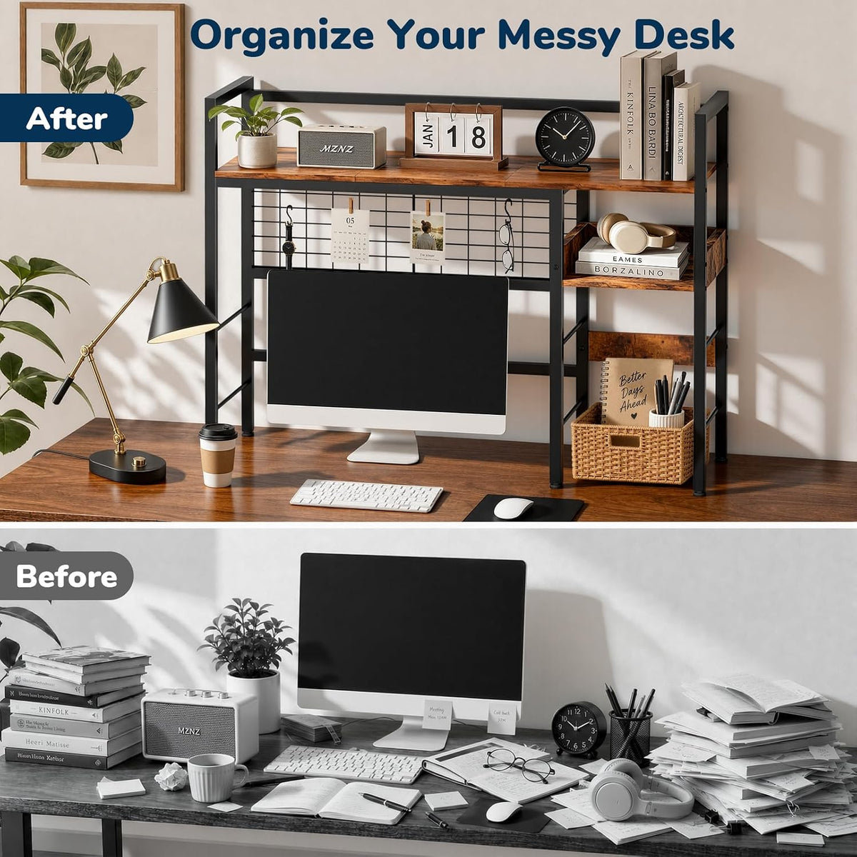 Desk Shelf, 38.6" Desk Hutch with Pegboard Hooks Set, Rustic Brown