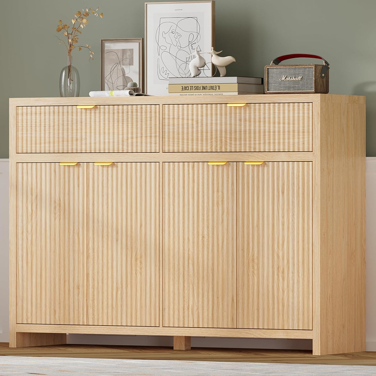 Fluted Sideboard Buffet Cabinet with Storage and Large Drawers, 55" W Cr...