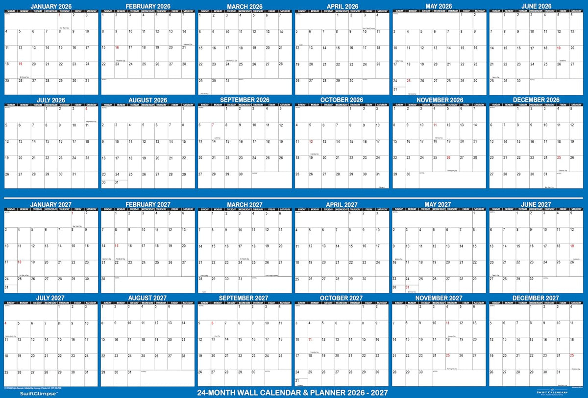 32" x 48" SwiftGlimpse 2026 2027 Wall Calendar, Large, Wet & Dr...