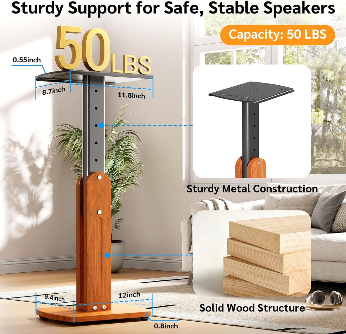 Solid Wood Speaker Stands Pair for Studio Monitor and Bookshelf Speakers