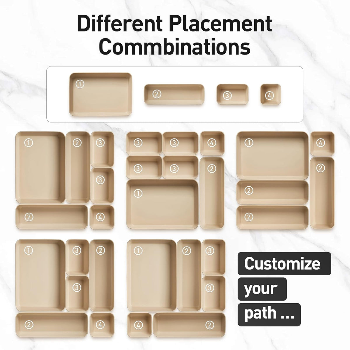 ISSEVE 8Pcs Silicone Bathroom Drawer Organizer Trays Set, 4 Sizes, Beige