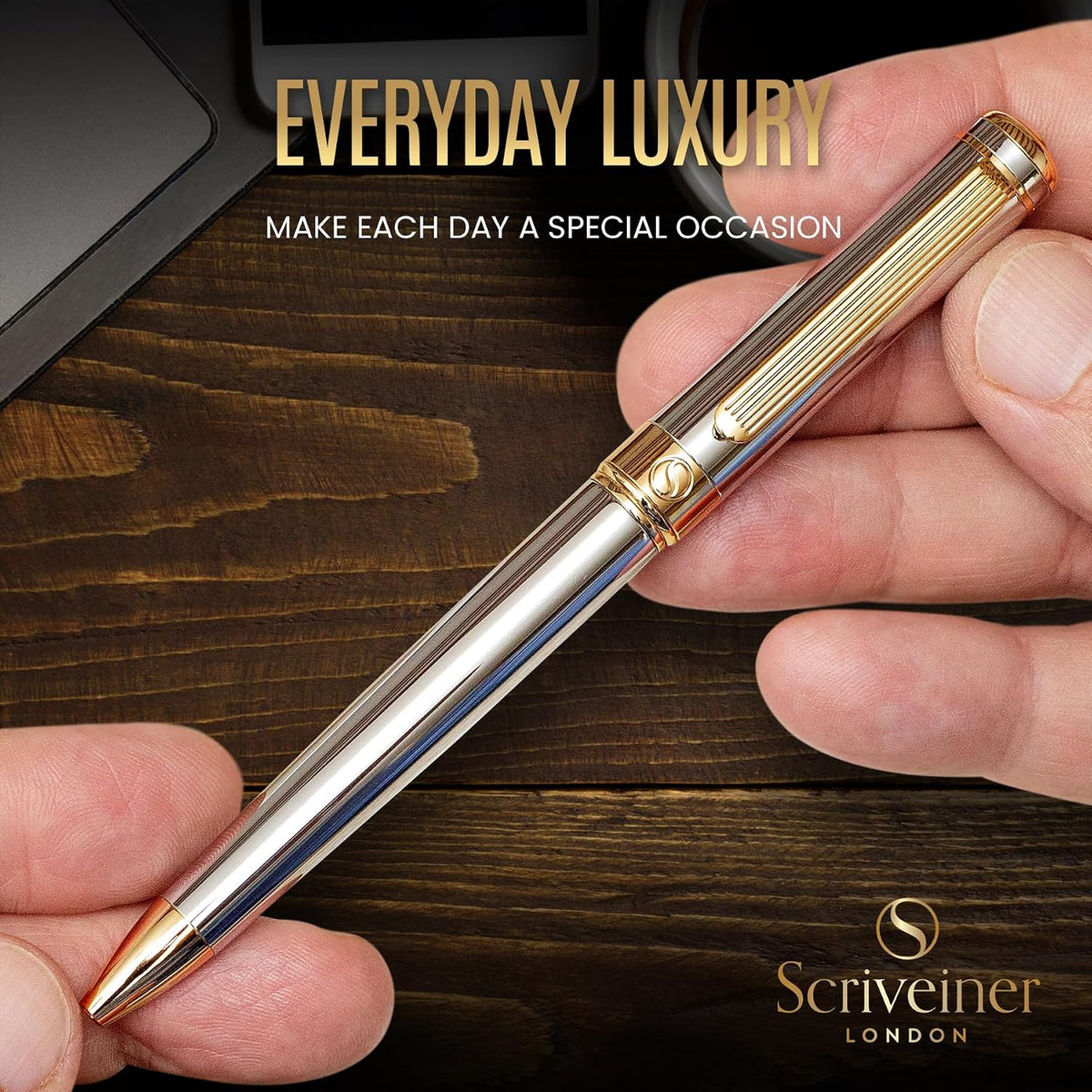 Scriveiner Silver Chrome Ballpoint Pen - Stunning Luxury Pen, Real Gold Plati...