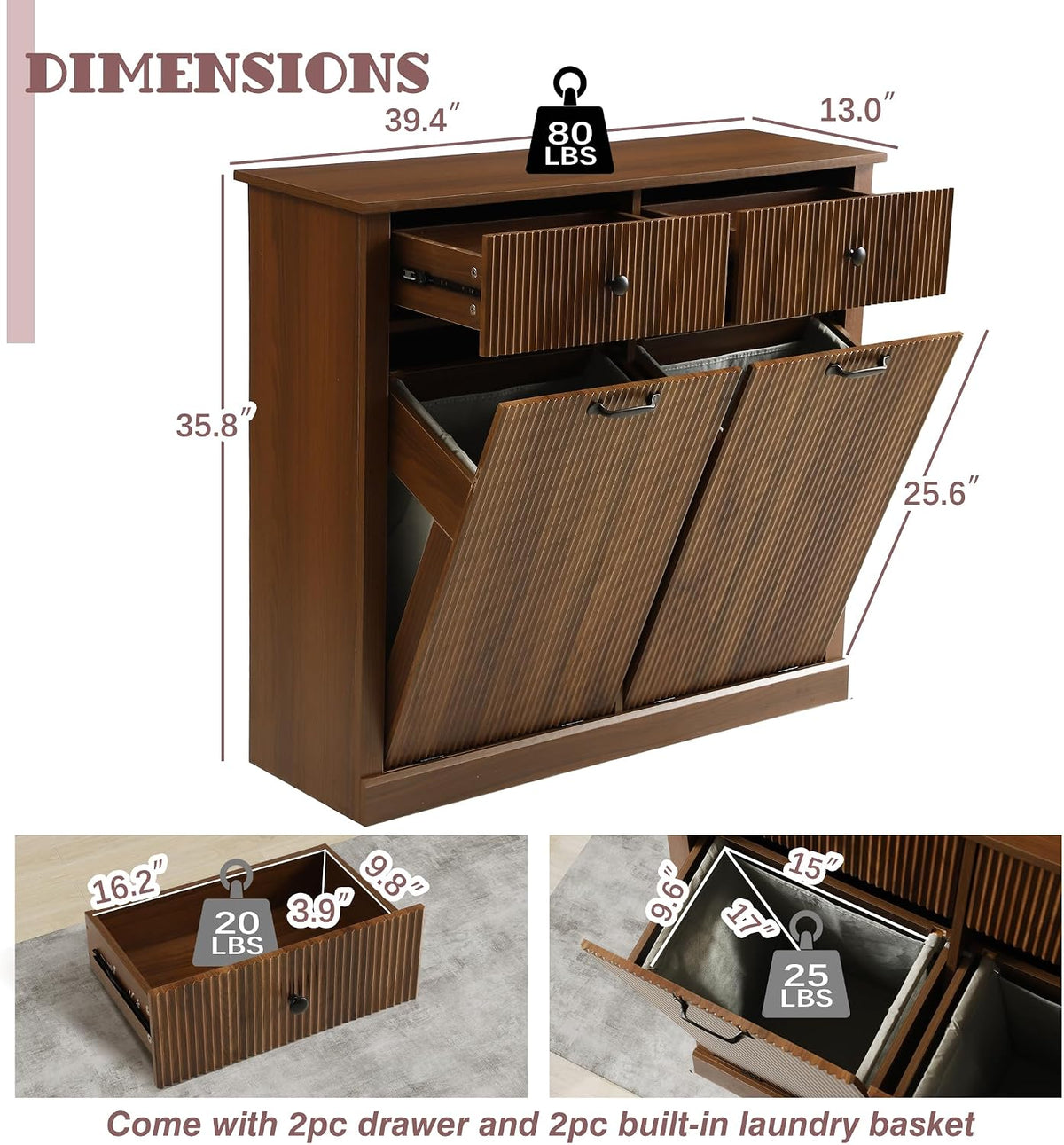 Double Tilt Out Laundry Hamper Cabinet, Modern Fluted Trash Can Cabinets with...