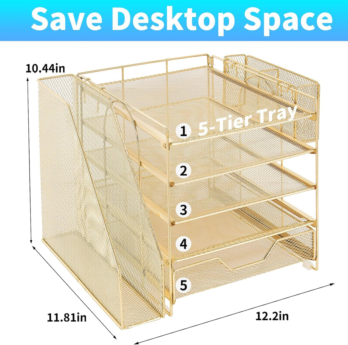 5-Tier Desk File Organizer with Drawer & Pen Holder (Gold)