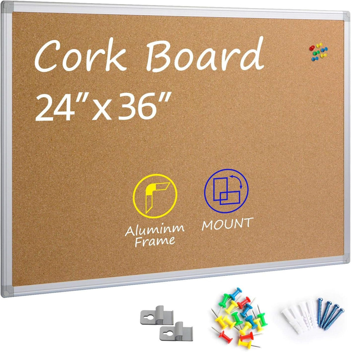 Cork Board Bulletin Board 24 x 36, Silver Aluminium Framed 2x3 Corkboard, Off...