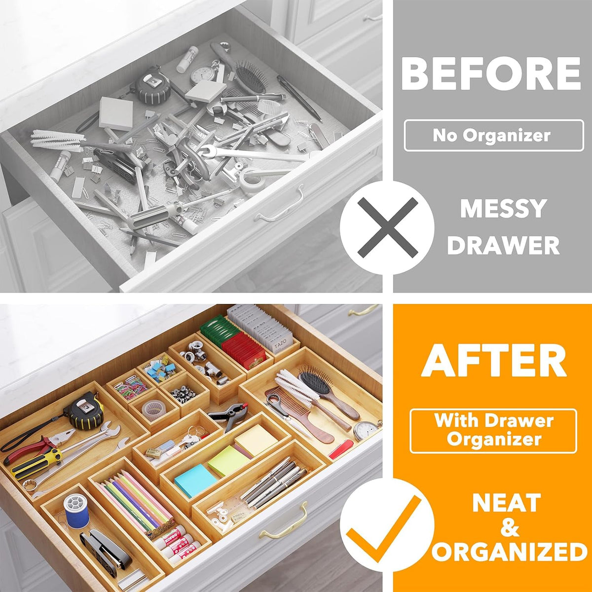SpaceAid 14-Piece Bamboo Drawer Organizer Storage Boxes Set, Wood Tray Junk D...