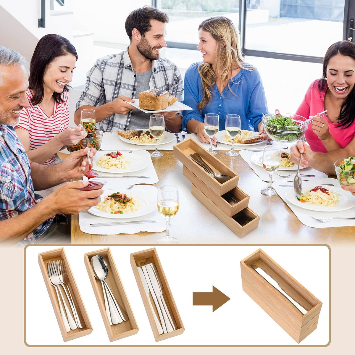 Baderke 3 Pcs Wooden Utensil Holder with Silverware Set Bamboo Storage Box