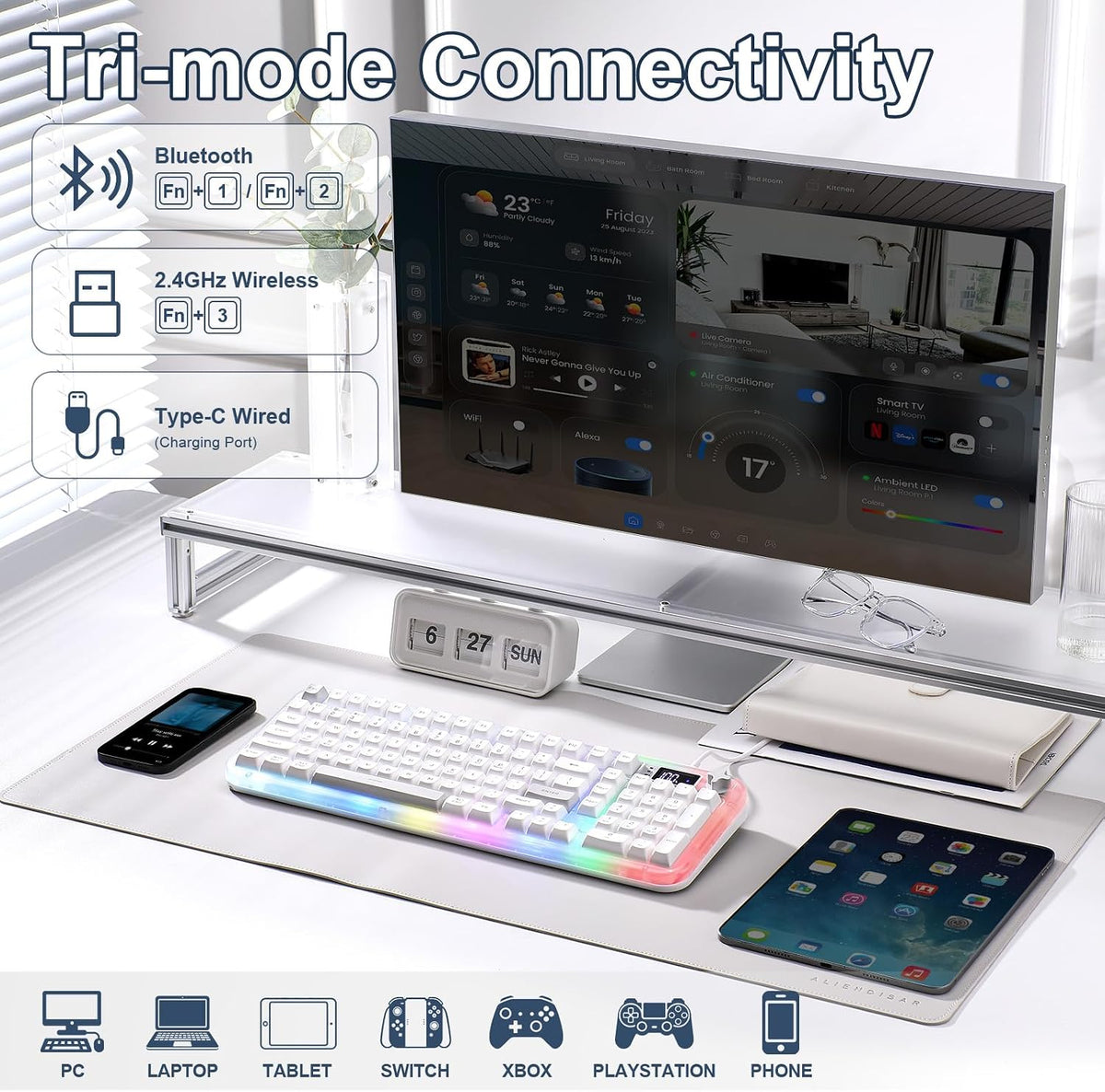 K98Pro Gaming Keyboard, Wireless Creamy Computer Keyboards(White)