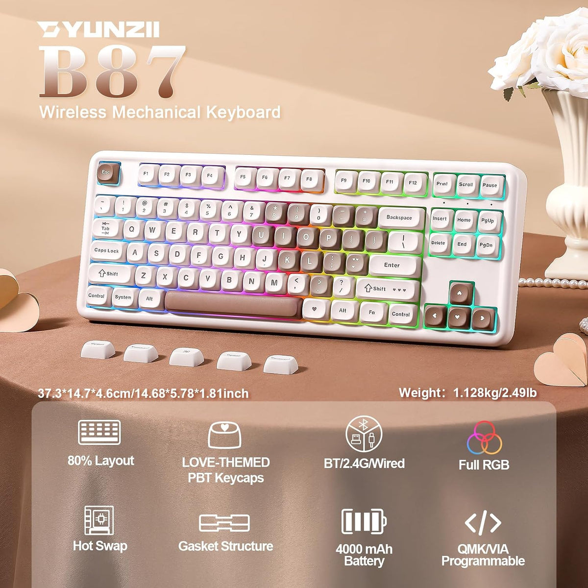 YUNZII B87 TKL Wireless Mechanical Keyboard (Brown Heart,Cocoa V2)