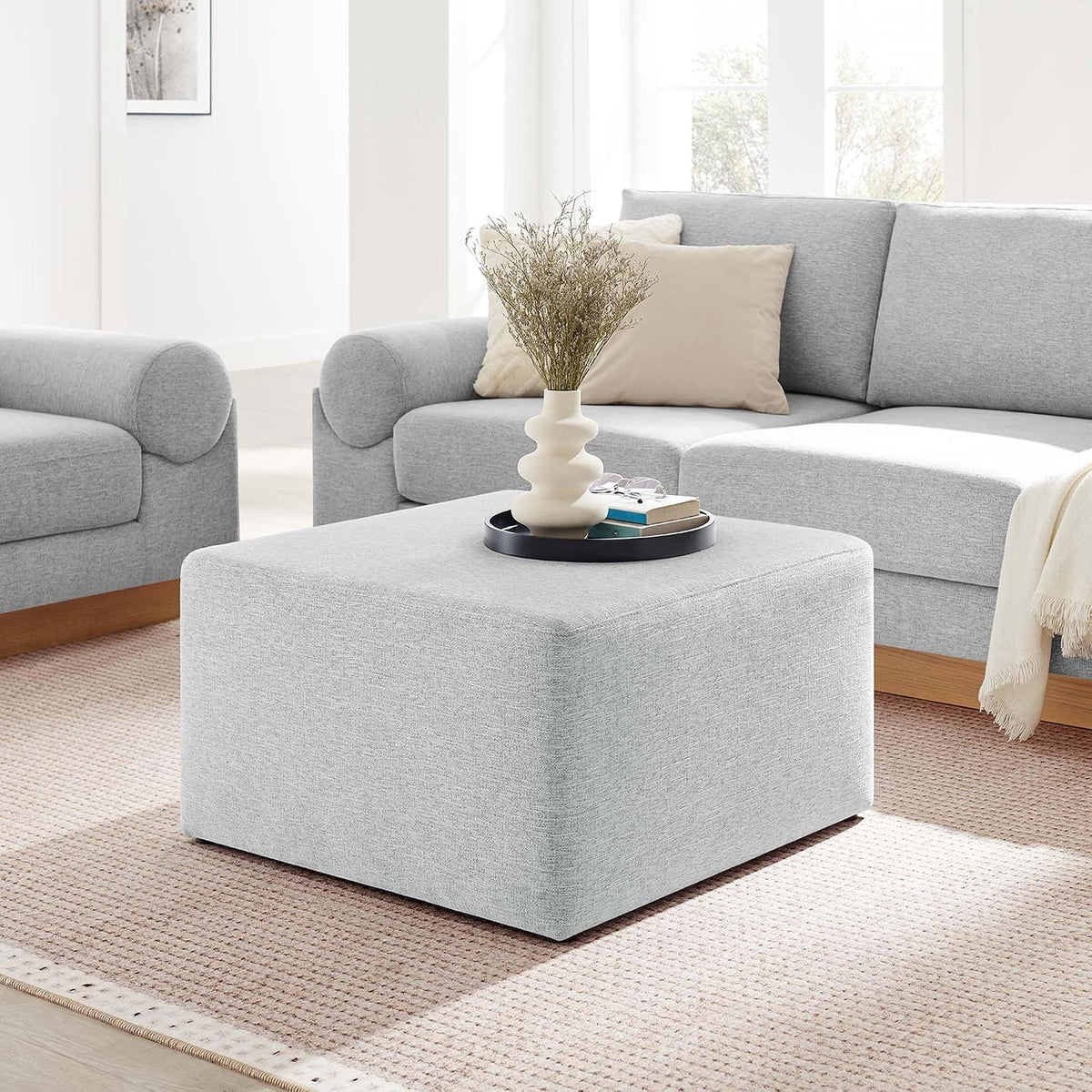 Modway Callum 28 Inch Square Ottoman in Heathered Weave Light Gray - Heathere...