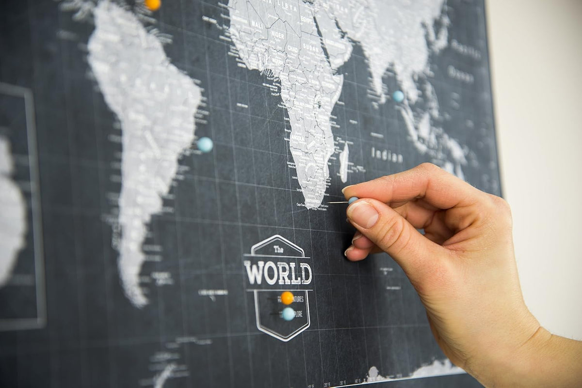 Conquest Maps World Travel Map with Pins Modern Slate Style Push Pin Travel M...