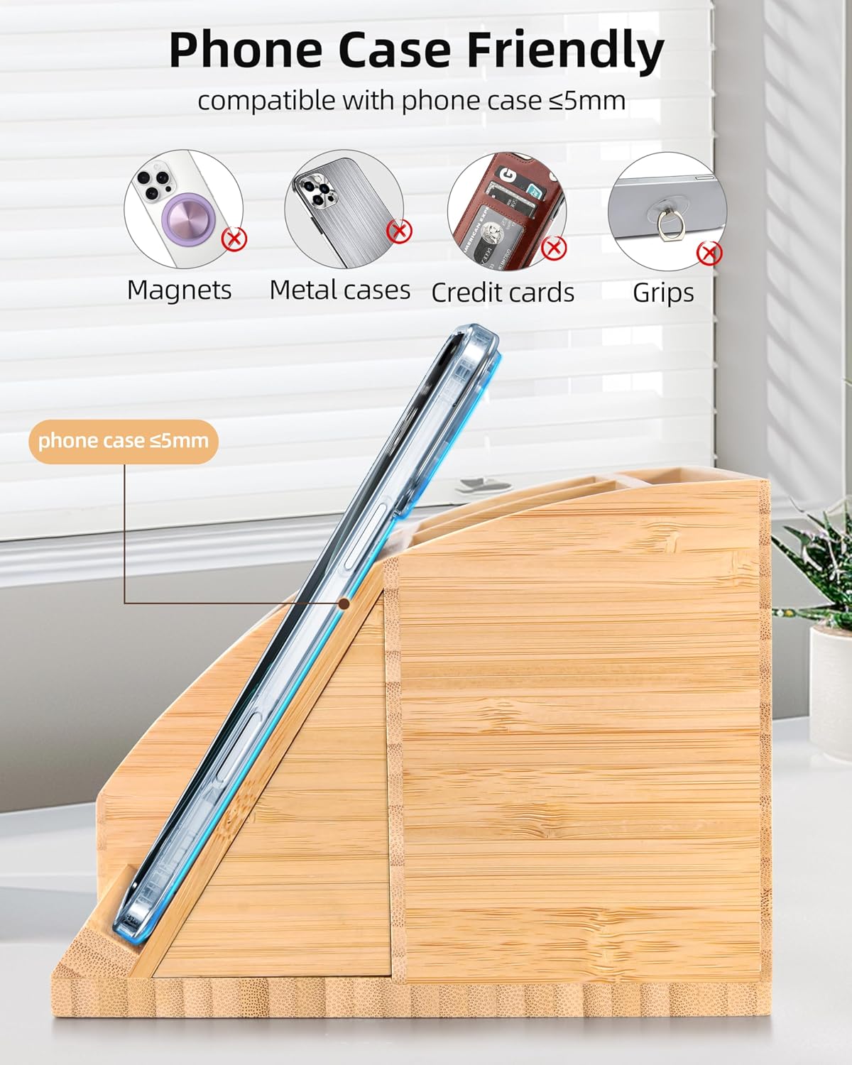 Bamboo Pen Holder with Wireless Charger, Desk Organizer 5 Compartments