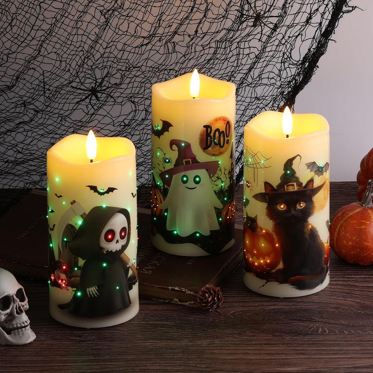 Eywamage Fiber Optic Halloween Flameless Pillar Candles with Remote 3 Pack