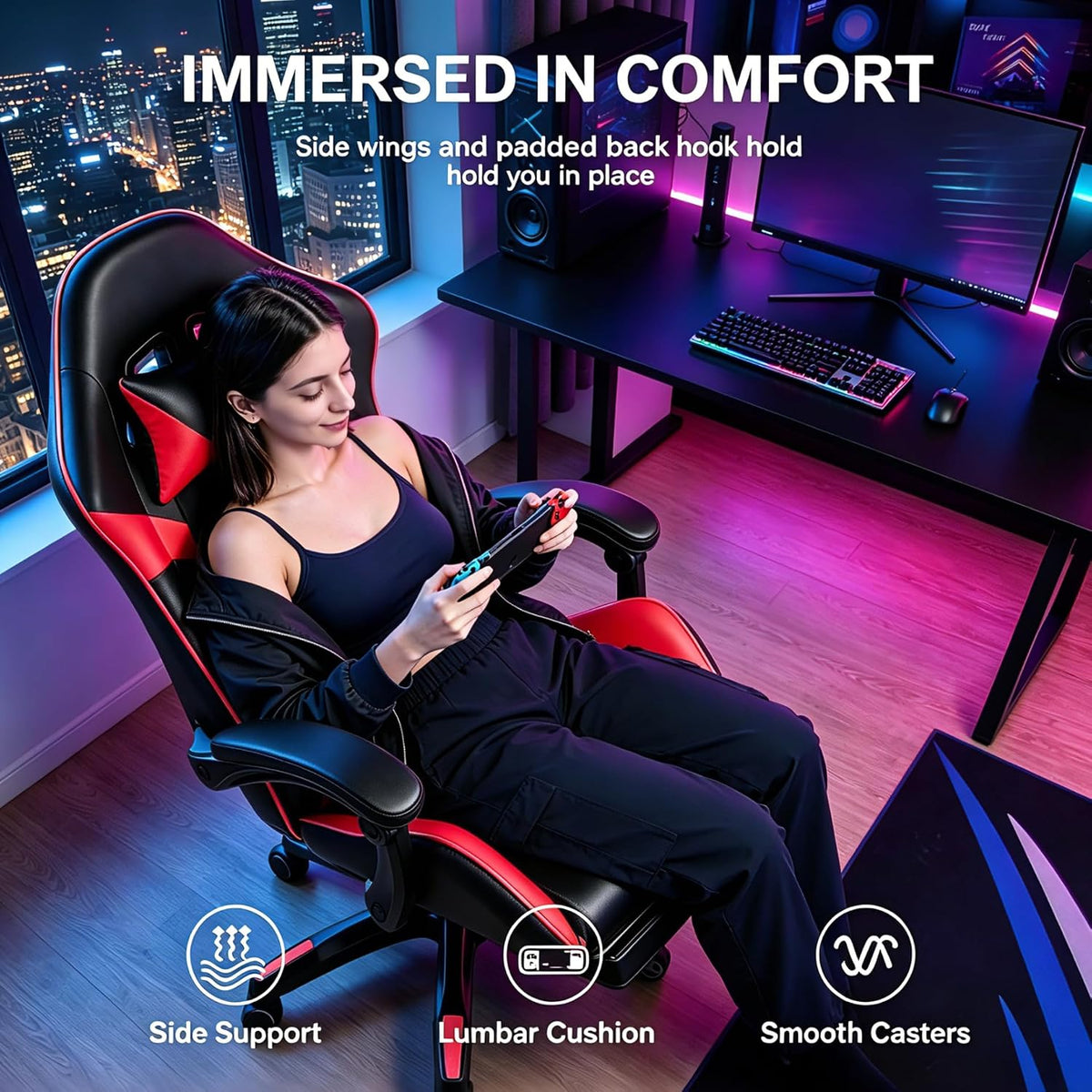 Small Gaming Chair, Home Office Desk Seat with Lumbar Support & Footrest
