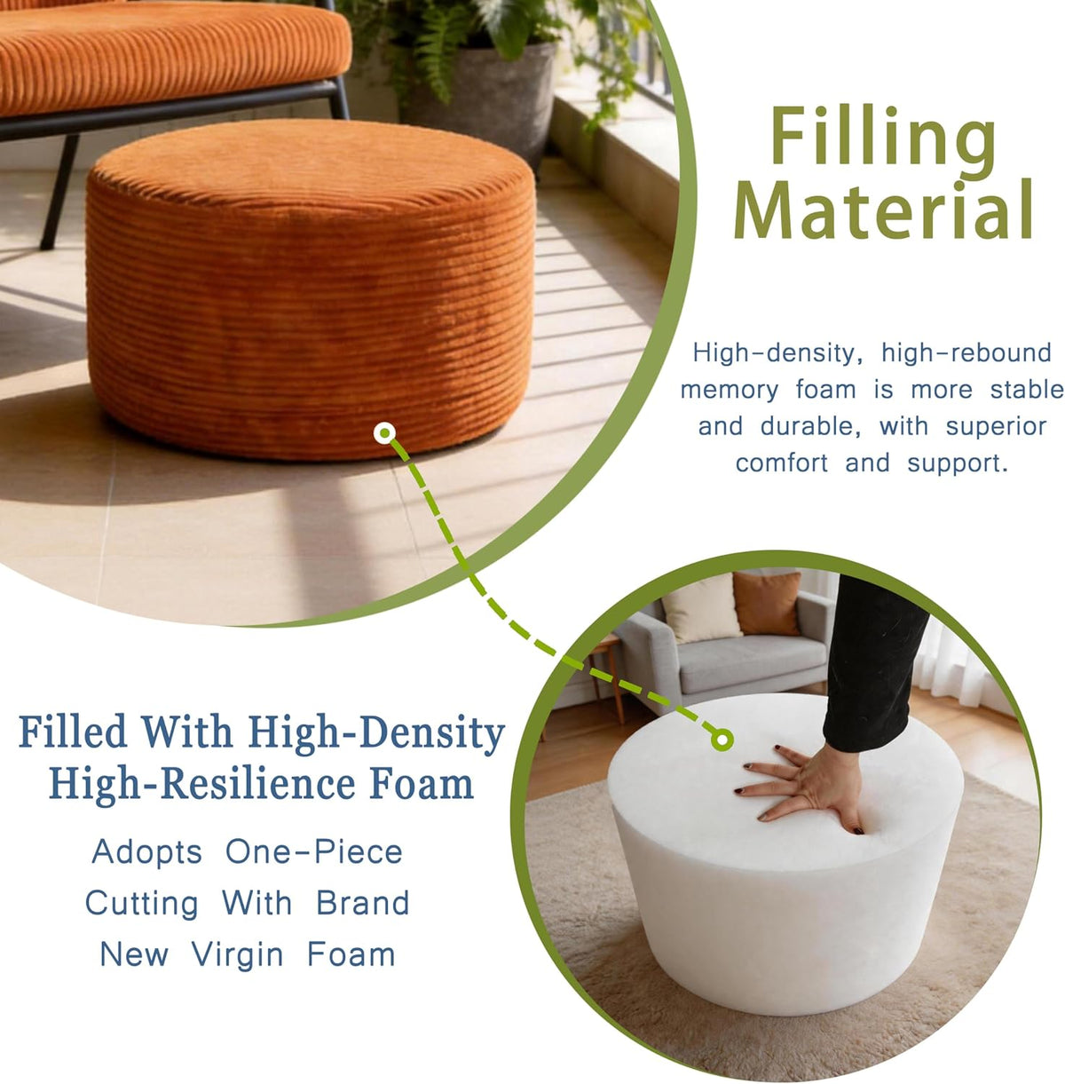 Thgonwid Round Ottoman Pouf, Corduroy Foot Rest Stool, 20x14In,Burnt Orange