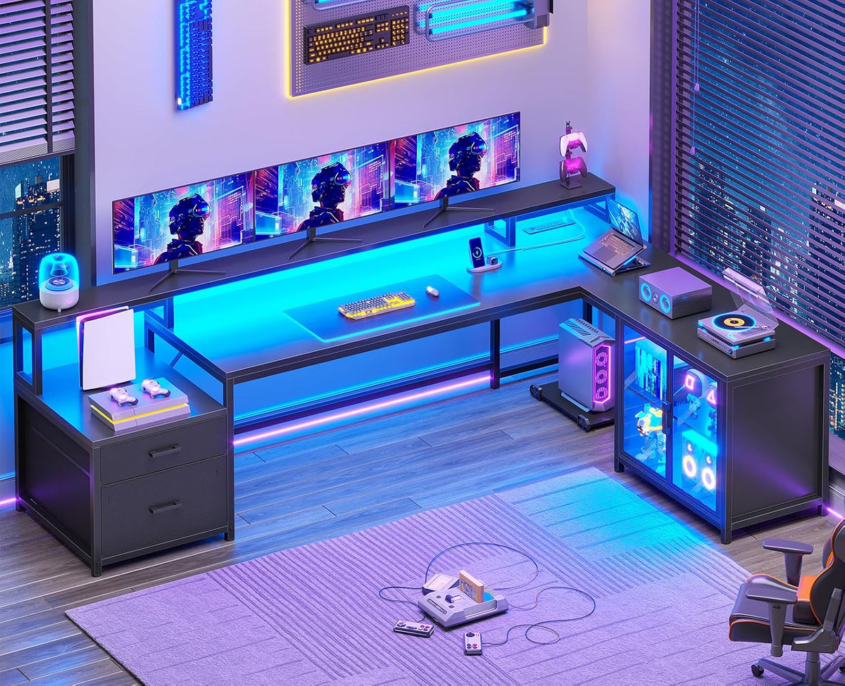 SEDETA 78.7” Large L Shaped Gaming Desk with Drawers, LED Light
