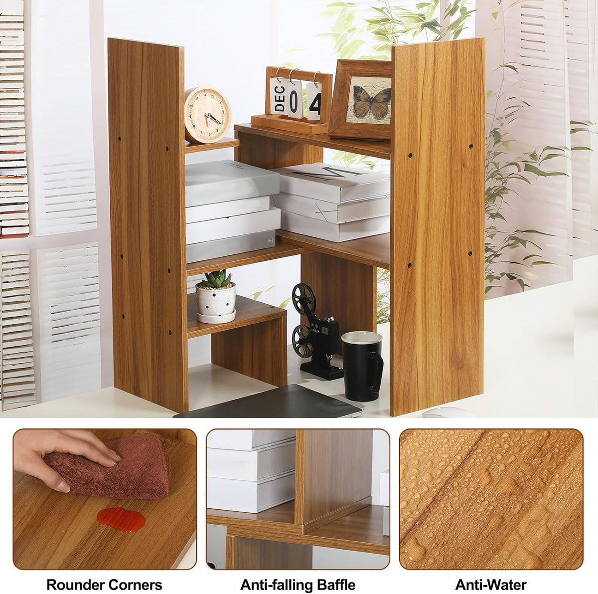 Briwooody Expandable Dorm Desk Hutch Adjustable Desktop Bookshelf,Brown