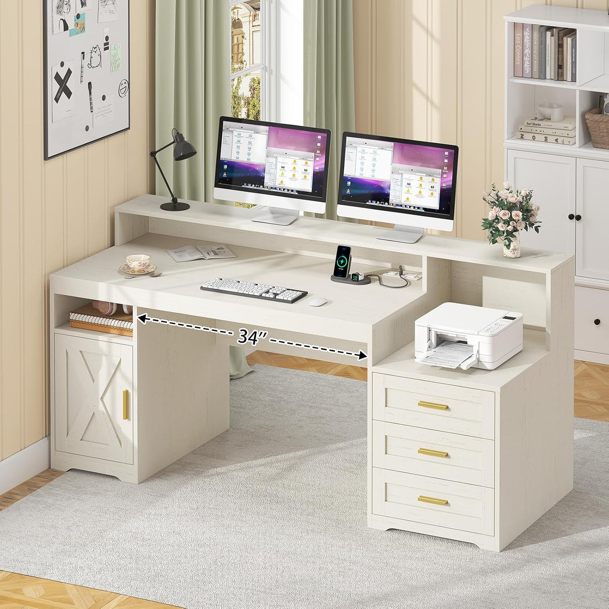TVU 65" White Computer Desk with Drawers and Printer Stand for Home Office