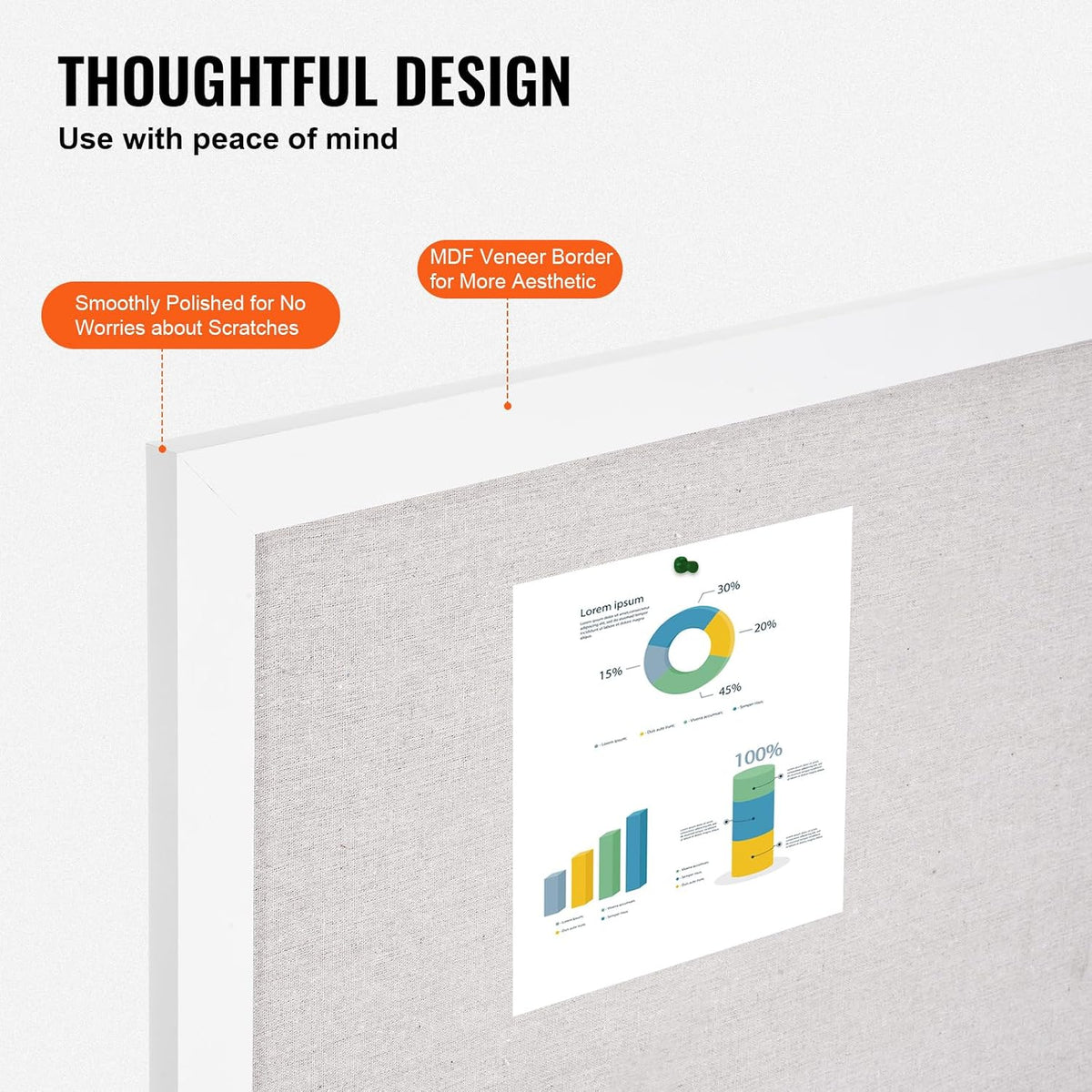 VEVOR 36"x24" White Cork Board with Linen Surface – Stylish Wall-Mo...