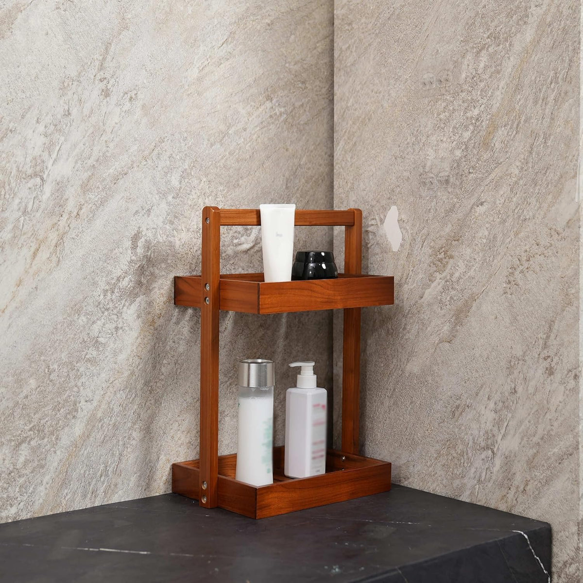 Utoplike Teak Wood Shower Caddy Corner, Bathroom Standing Rack Countertop