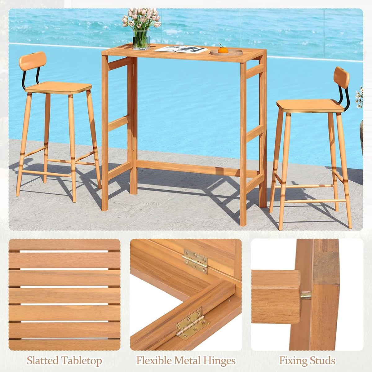 Tangkula Acacia Wood Outdoor Folding Bar Table, Patio Rectangle Counter Heigh...