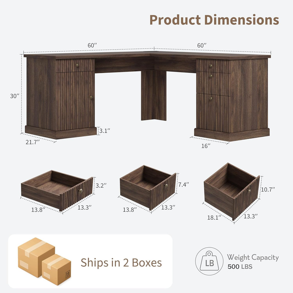Garvee 60" Fluted L Shaped Desk with File Drawer, Corner Desk with Storage