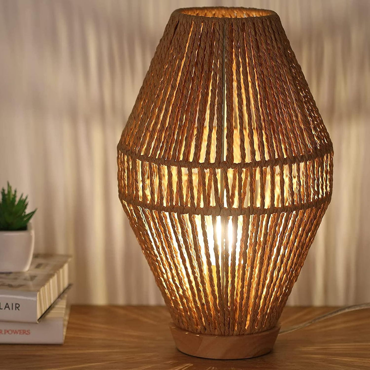 Boho Table Lamps for Bedroom & Living Room - Small Natural Woven Basket L...