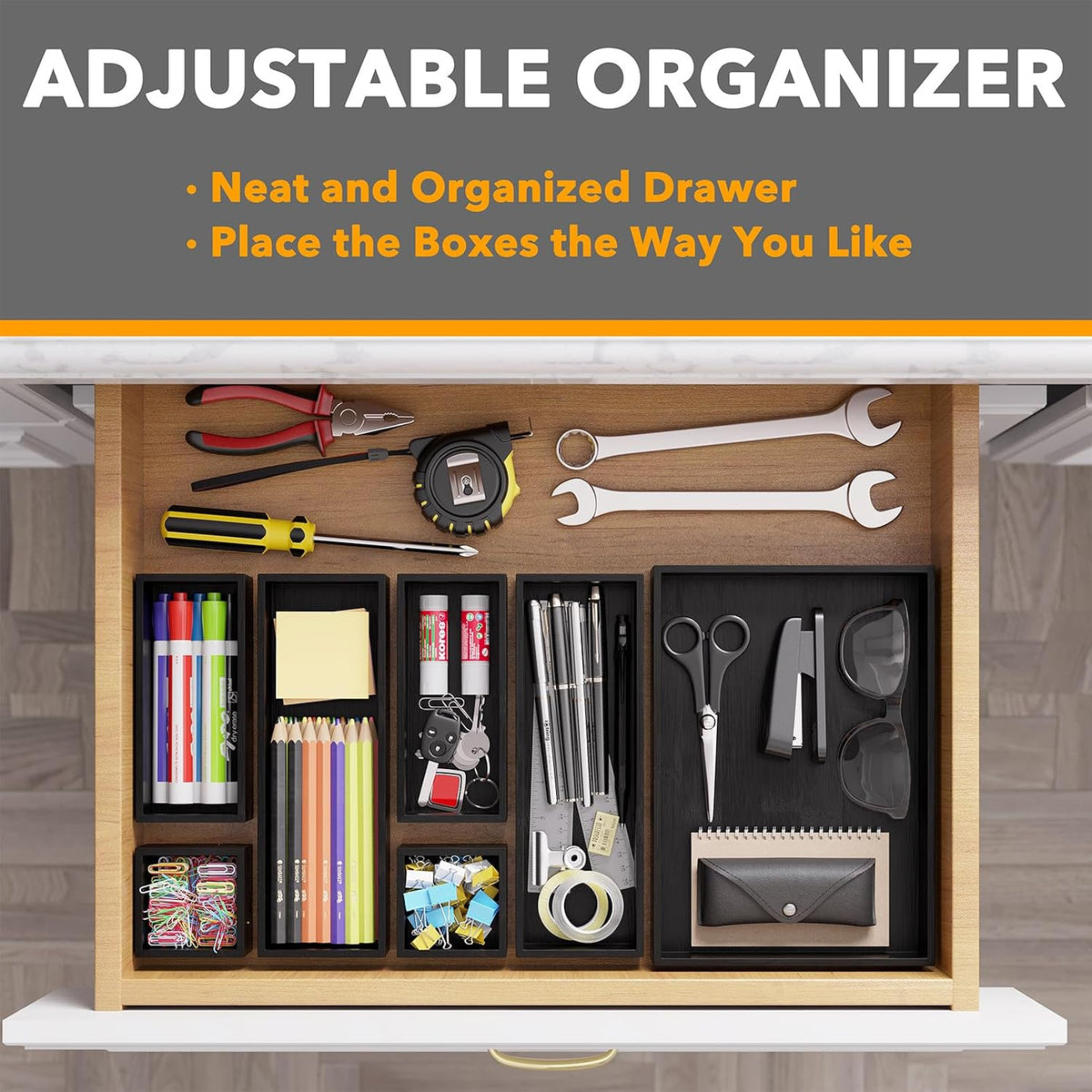 SpaceAid 7-Piece Bamboo Drawer Organizer Storage Boxes Set, Wood Tray Junk Dr...