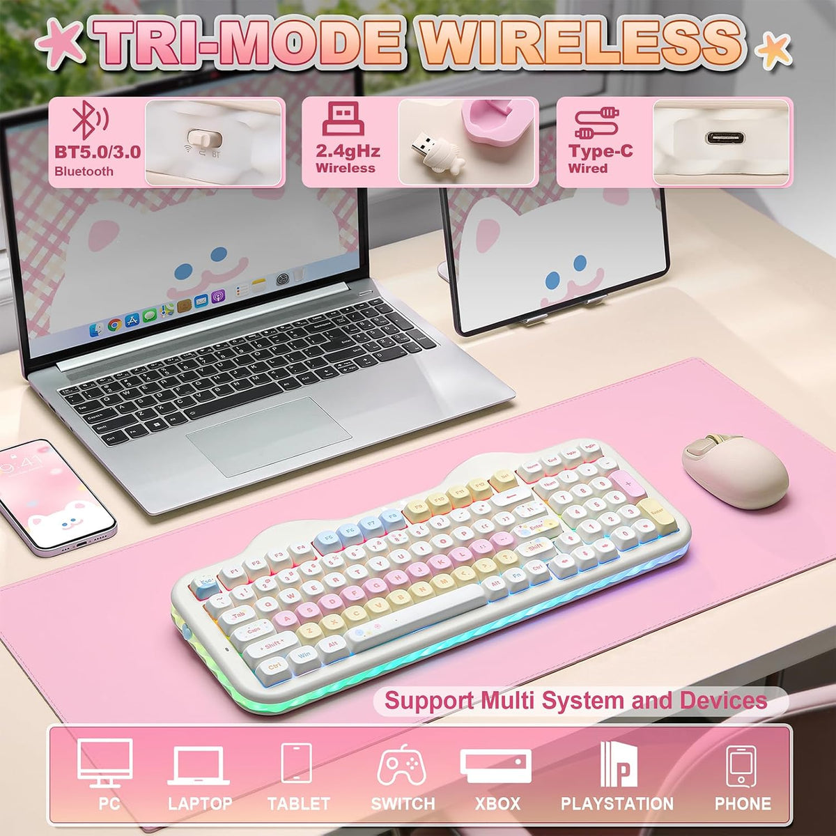 YUNZII C98 Cute Cake Wireless Mechanical Keyboard(Beige, Milk Switch)