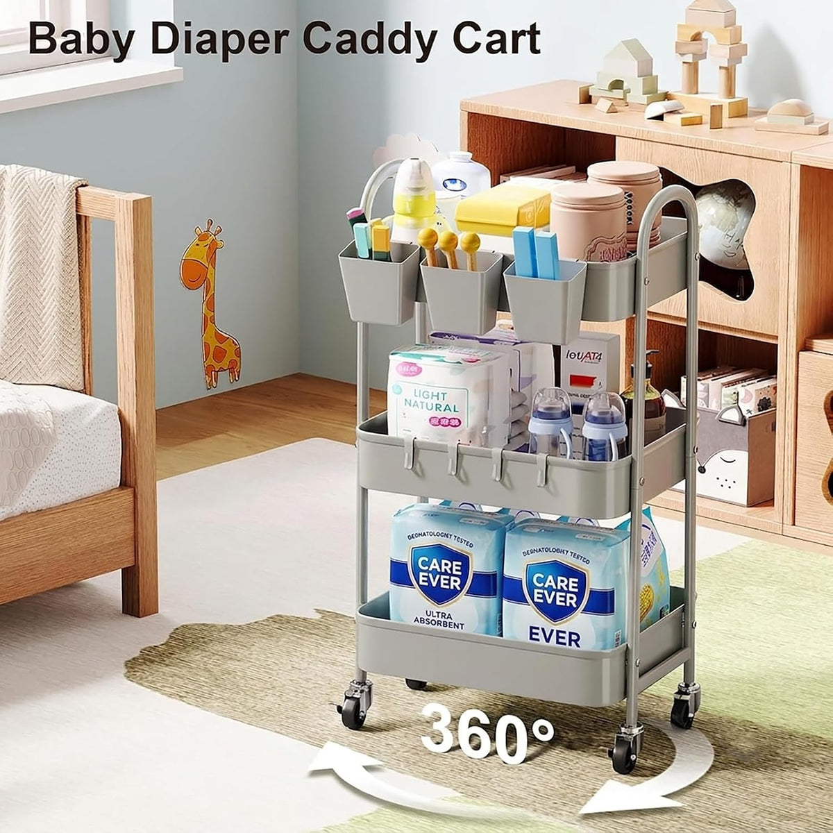 3 Tier Gray Metal Rolling Cart, Three Tiered Storage Dorm Carts with Wheels