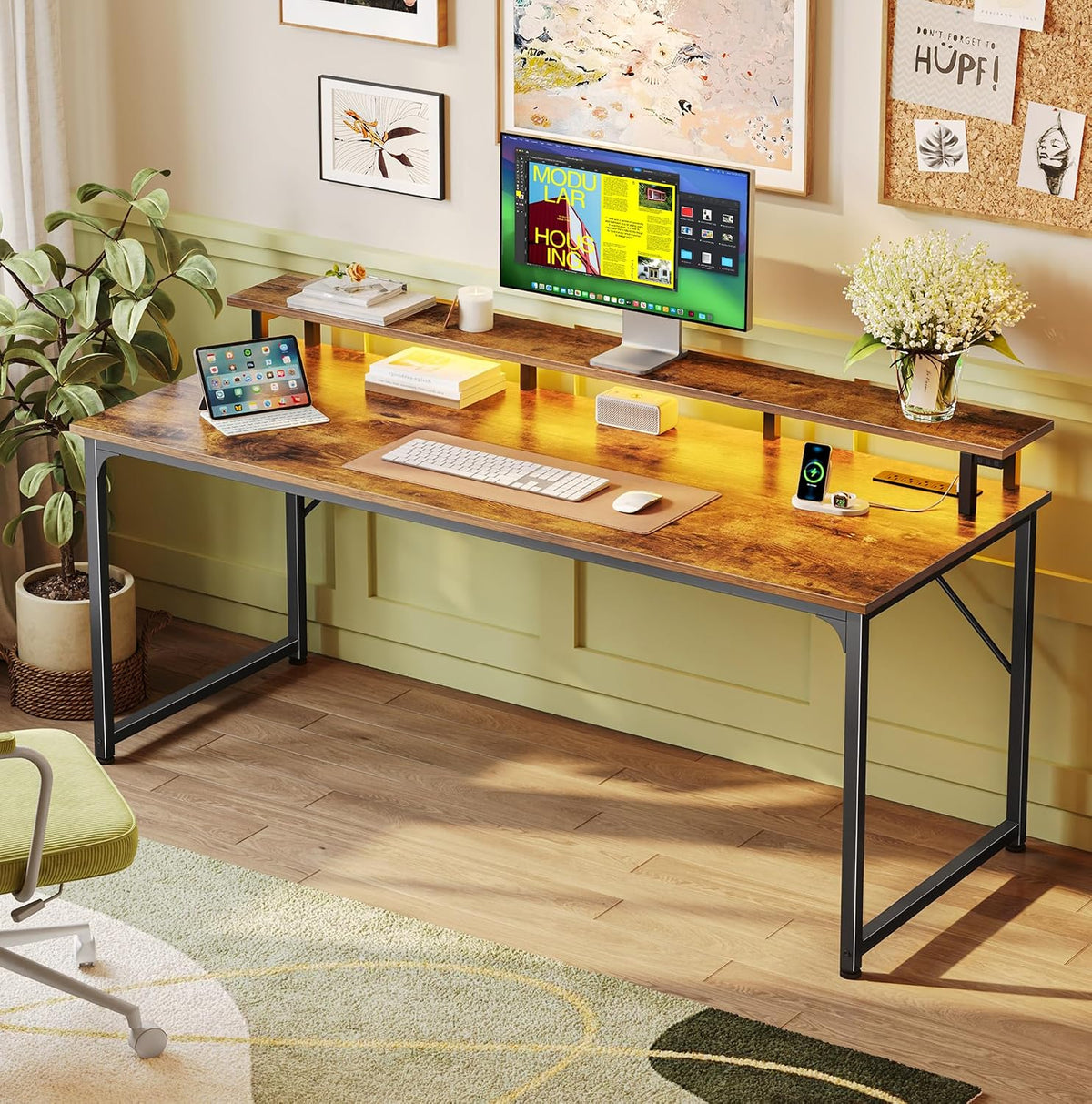 PRAISUN 55 inch Gaming Desk, LED & Outlets, Monitor Stand, Rustic Brown