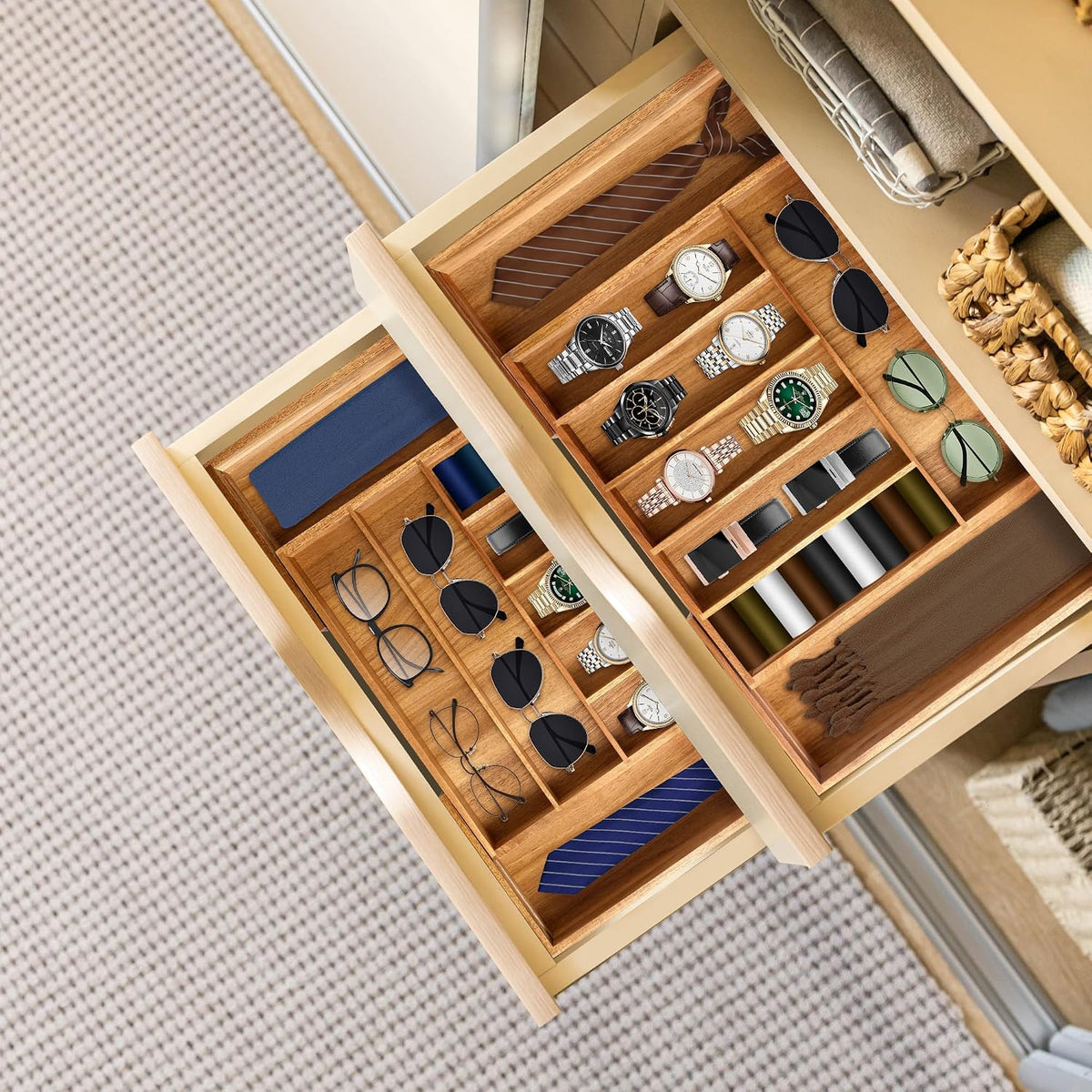 Large Premium Acacia Silverware Organizer - Expandable Drawer Organizer &...
