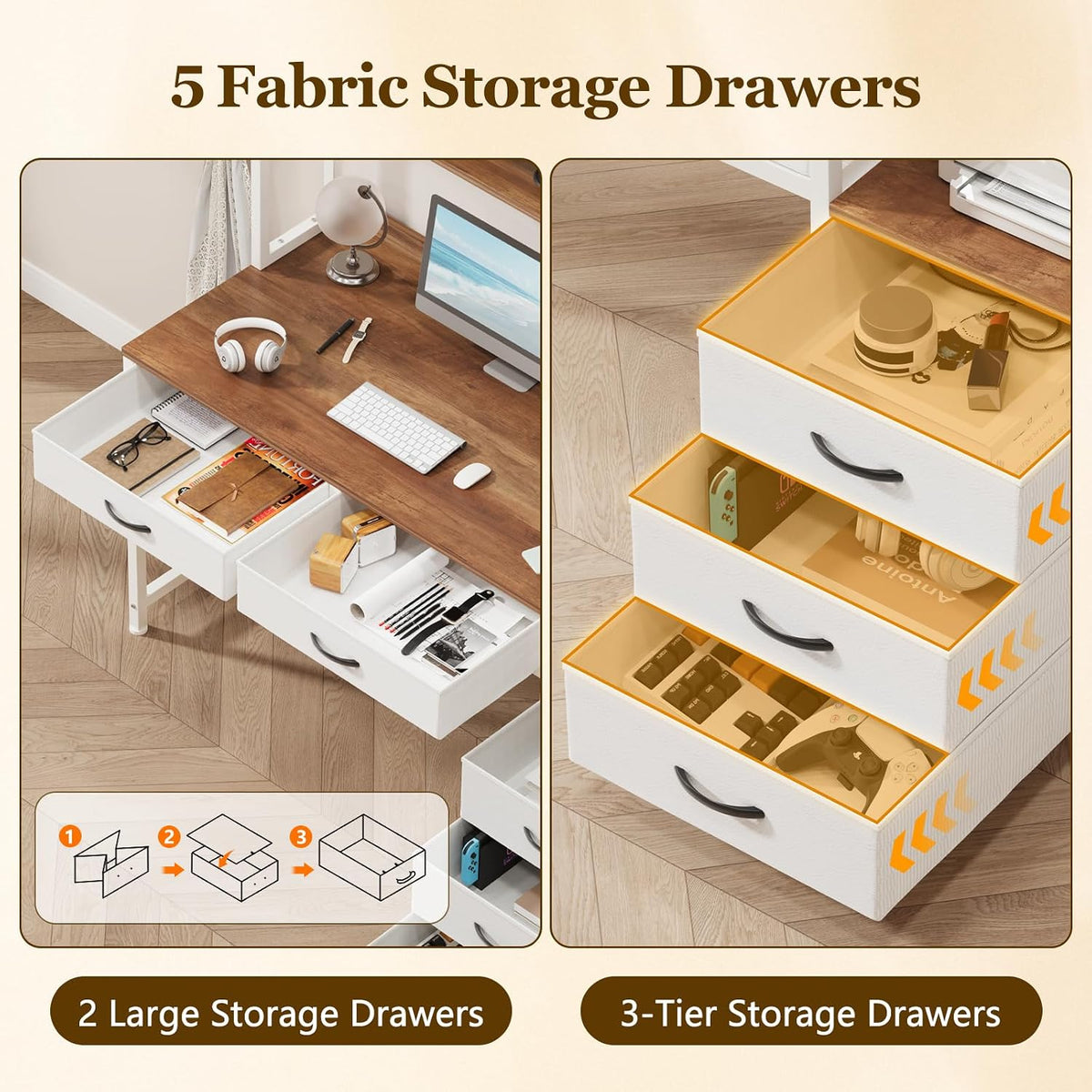 YOMILUVE 52" Computer Desk with Bookshelf, 5 Drawers & Hutch for Bedroom