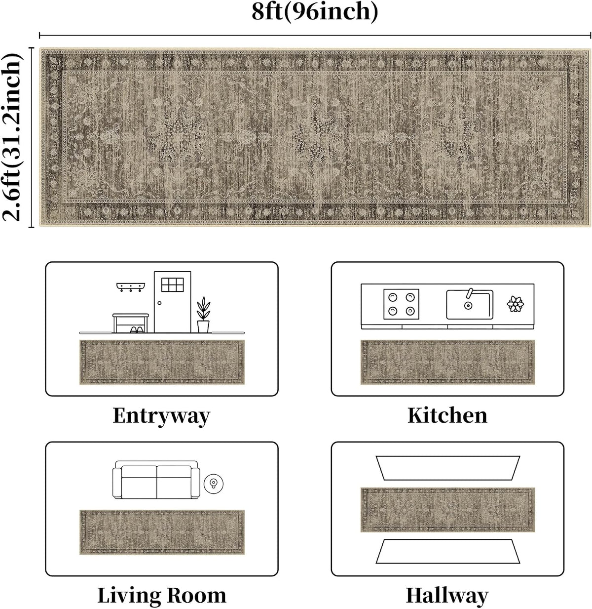 Brown Washable Runner Rug 2.6x8, Vintage Rug Runners for Hallway
