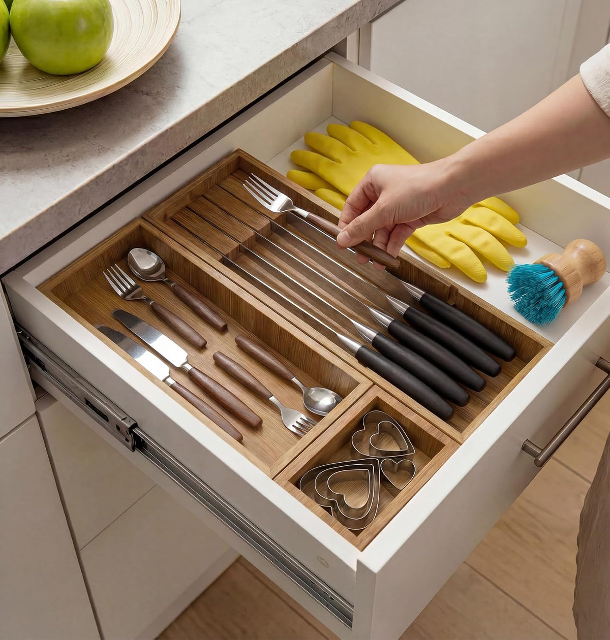 KOCWELL Bamboo Drawer Organizer with Knife Block, 3 Removable Silverware Draw...