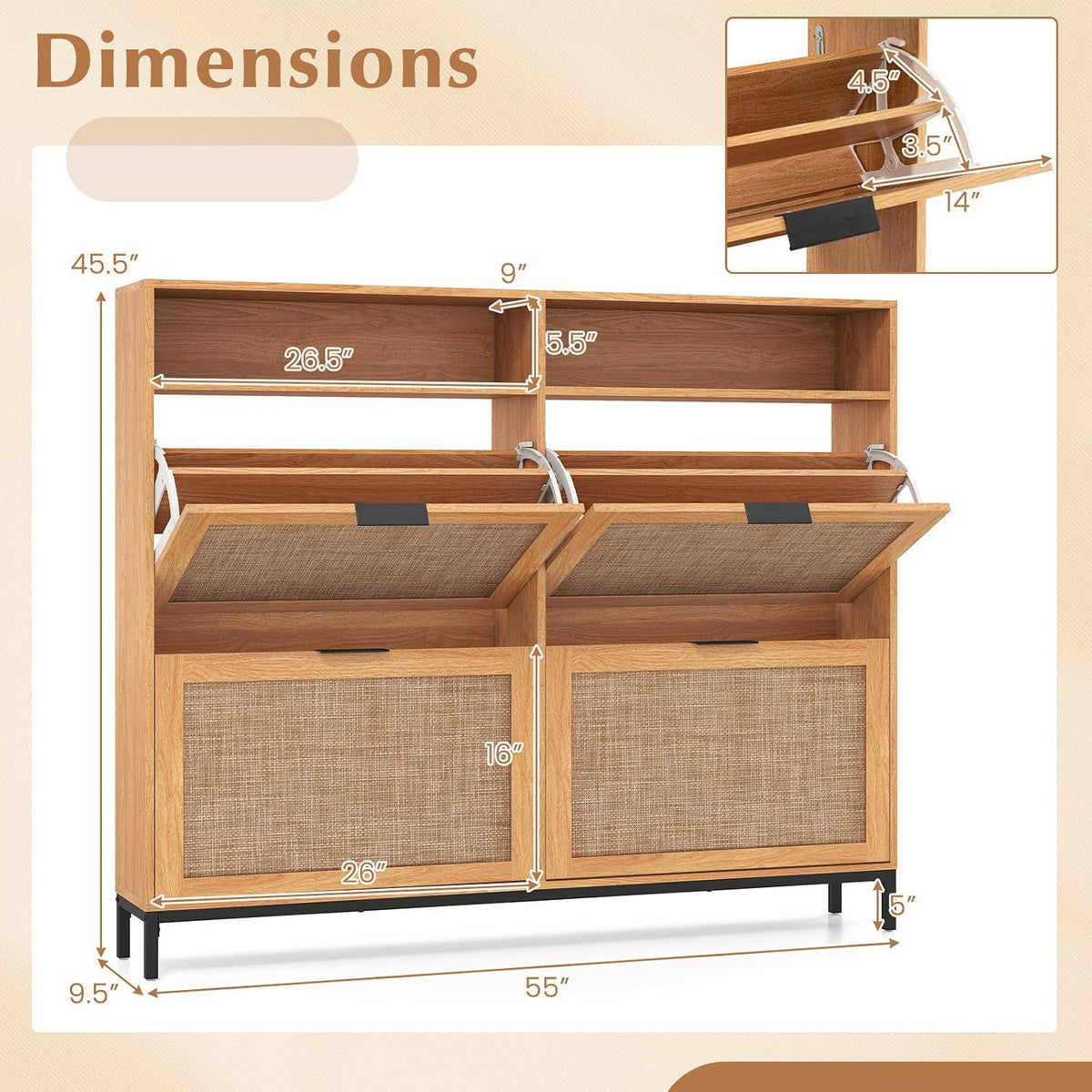 GIANTEX Slim Shoe Storage Cabinet with 4 Flip Drawers & 2 Open Compartments