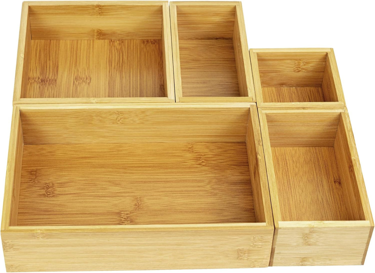 VaeFae 5 PCS Bamboo Drawer Organizers Set, 5-size Organizer Box, Storage Bins...