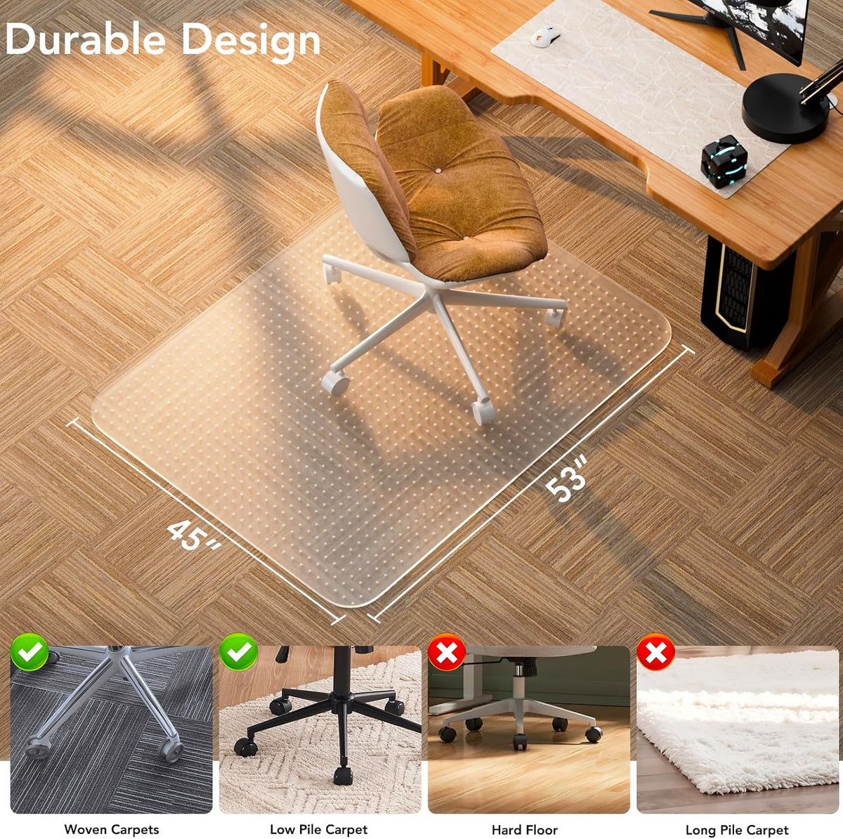 Office Chair Mat for Low Pile Carpet, 45" x 53" Clear Plastic