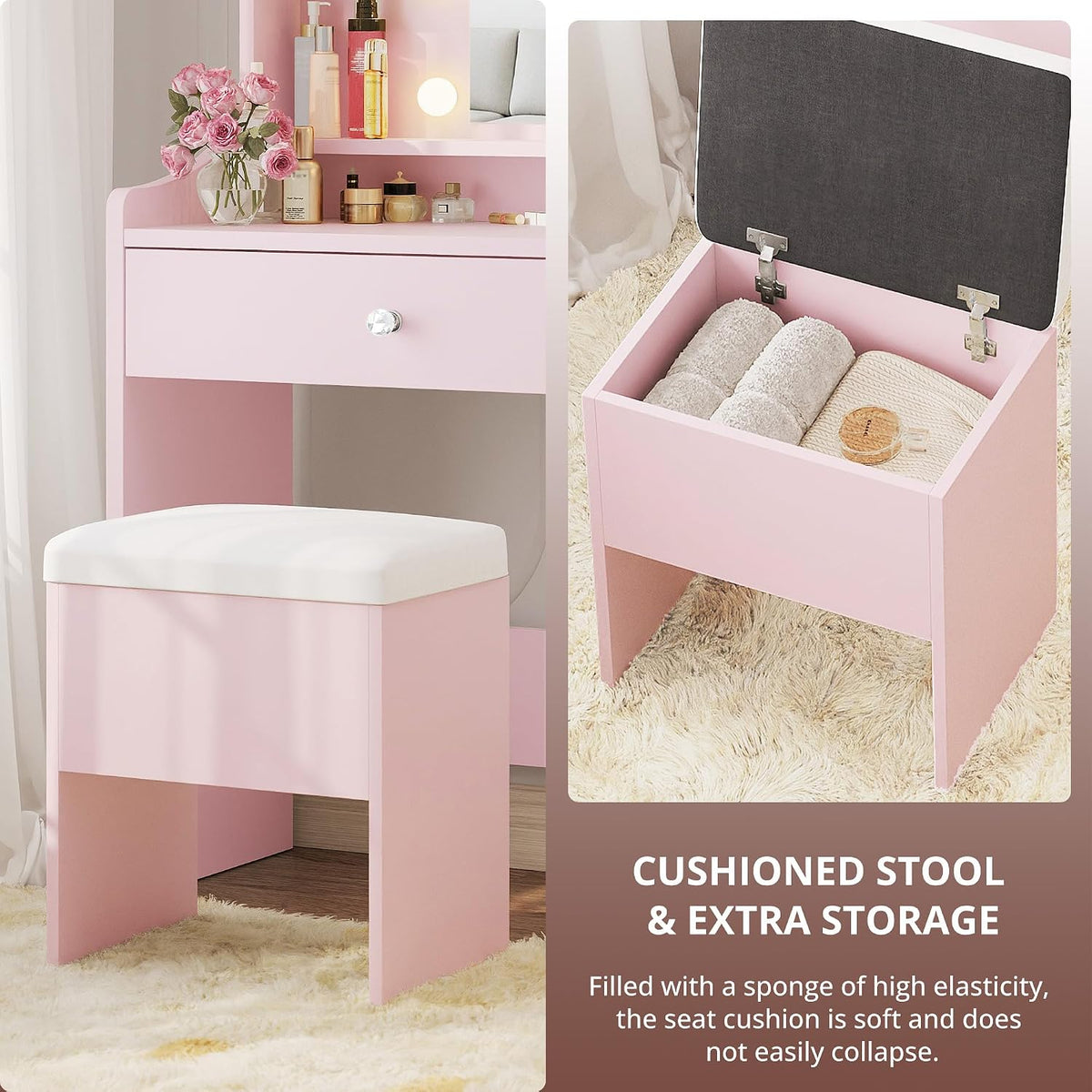 LIKIMIO Small Vanity Desk with Mirror Lights and Storage Stool, Pink