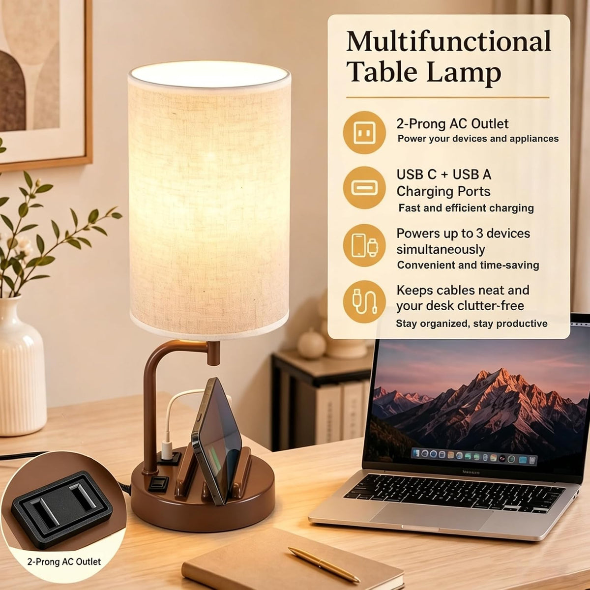 Dreamholder Touch Control USB Table Lamp with USB C/A & AC Outlet, 3-Way ...