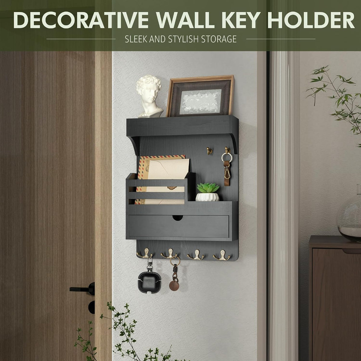 Rebee Vision Key Holder Wall Mount with 6 Key Hooks for Home Decor, Black